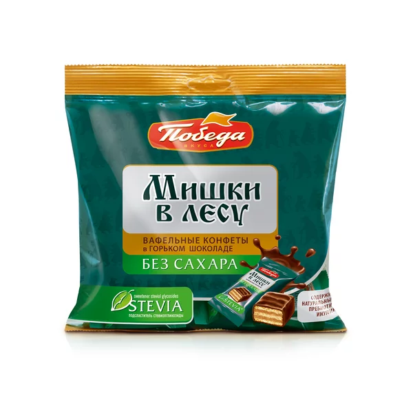 Конфеты вафельные без сахара "Мишки в лесу" в шоколаде,150г.
