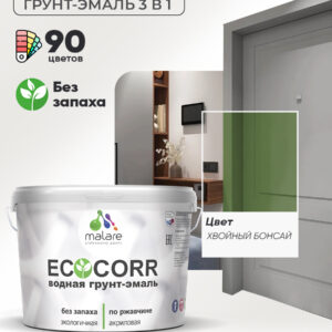 Грунт-Эмаль 3 в 1 по ржавчине Malare EcoCorr/ краска по металлу антикоррозионная/ для металлических поверхностей, акриловая быстросохнущая без запаха, матовая, хвойный бонсай, 10 кг