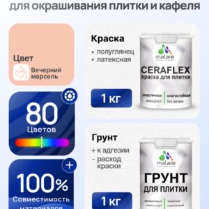 Комплект Malare LIPPO для окрашивания плитки и кафеля (1кг грунт + 1 кг краска), акриловый, без запаха, быстросохнущий, полуглянцевый, цвет вечерний марсель