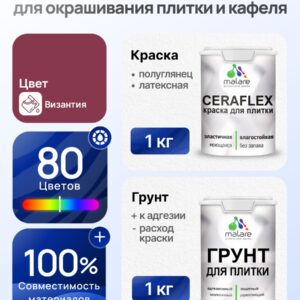Комплект Malare LIPPO для окрашивания плитки и кафеля (1кг грунт + 1 кг краска), акриловый, без запаха, быстросохнущий, полуглянцевый, цвет византия