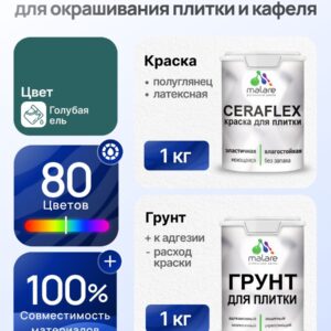 Комплект Malare LIPPO для окрашивания плитки и кафеля (1кг грунт + 1 кг краска), акриловый, без запаха, быстросохнущий, полуглянцевый, цвет голубая ель