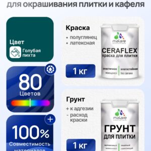 Комплект Malare LIPPO для окрашивания плитки и кафеля (1кг грунт + 1 кг краска), акриловый, без запаха, быстросохнущий, полуглянцевый, цвет голубая пихта
