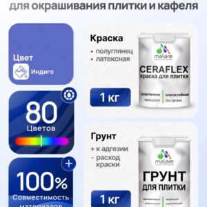 Комплект Malare LIPPO для окрашивания плитки и кафеля (1кг грунт + 1 кг краска), акриловый, без запаха, быстросохнущий, полуглянцевый, цвет индиго