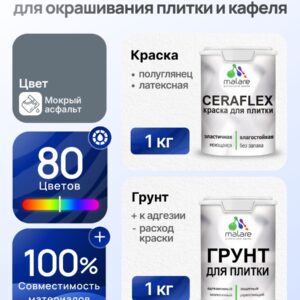 Комплект Malare LIPPO для окрашивания плитки и кафеля (1кг грунт + 1 кг краска), акриловый, без запаха, быстросохнущий, полуглянцевый, цвет мокрый асфальт