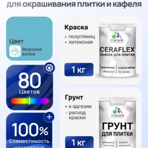 Комплект Malare LIPPO для окрашивания плитки и кафеля (1кг грунт + 1 кг краска), акриловый, без запаха, быстросохнущий, полуглянцевый, цвет морская волна