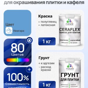 Комплект Malare LIPPO для окрашивания плитки и кафеля (1кг грунт + 1 кг краска), акриловый, без запаха, быстросохнущий, полуглянцевый, цвет ниагара