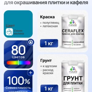 Комплект Malare LIPPO для окрашивания плитки и кафеля (1кг грунт + 1 кг краска), акриловый, без запаха, быстросохнущий, полуглянцевый, цвет синяя малина