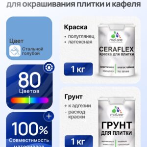 Комплект Malare LIPPO для окрашивания плитки и кафеля (1кг грунт + 1 кг краска), акриловый, без запаха, быстросохнущий, полуглянцевый, цвет стальной голубой