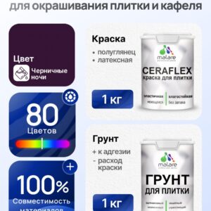 Комплект Malare LIPPO для окрашивания плитки и кафеля (1кг грунт + 1 кг краска), акриловый, без запаха, быстросохнущий, полуглянцевый, цвет черничные ночи