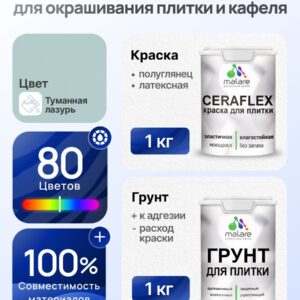 Комплект Malare LIPPO для окрашивания плитки и кафеля (1кг грунт + 1 кг краска), акриловый, без запаха, быстросохнущий, полуглянцевый, цвет туманная лазурь