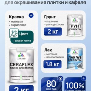 Комплект Malare LIPPO для окрашивания плитки и кафеля (2кг грунт + 2кг краска + 1.8кг лак), акриловый, без запаха, быстросохнущий, матовый, цвет голубая пихта