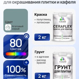 Комплект Malare LIPPO для окрашивания плитки и кафеля (2кг грунт + 2кг краска), акриловый, без запаха, быстросохнущий, полуглянцевый, цвет агатовый серый