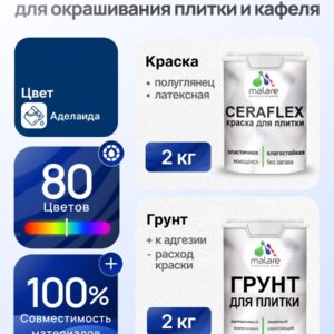 Комплект Malare LIPPO для окрашивания плитки и кафеля (2кг грунт + 2кг краска), акриловый, без запаха, быстросохнущий, полуглянцевый, цвет аделаида