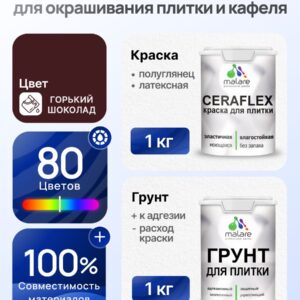 Комплект Malare LIPPO для окрашивания плитки и кафеля (1кг грунт + 1 кг краска), акриловый, без запаха, быстросохнущий, полуглянцевый, цвет горький шоколад